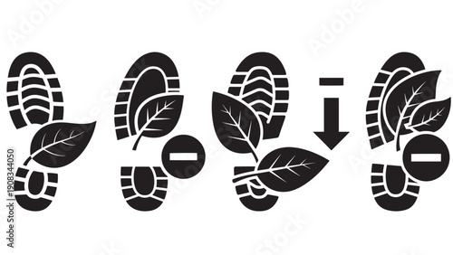 Reduced Carbon Footprint Icon With Shoe Print, Leaf Overlay And Minus Arrow, Black Solid Vector Symbol For Emissions Reduction And Climate Action
