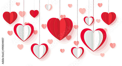 Red and white paper hearts cascading on dotted strings with soft pink hearts background decoration