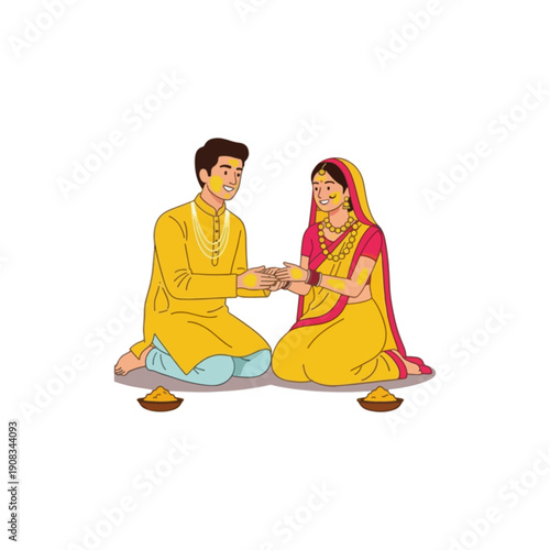 Indian Couple Celebrating Haldi Ceremony Vector Illustration
