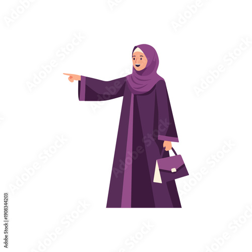 Smiling Muslim Businesswoman in Purple Abaya Pointing Direction