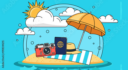 Summer Beach Vacation Essentials on Sandy Island with Sun Umbrella and Camera