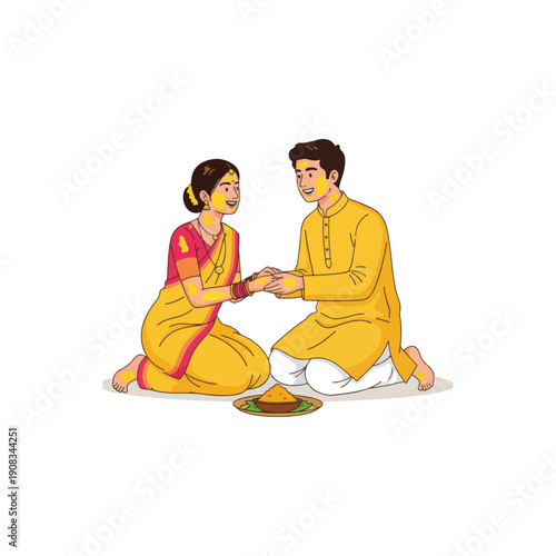 Joyful Indian Couple Celebrating Traditional Haldi Ceremony