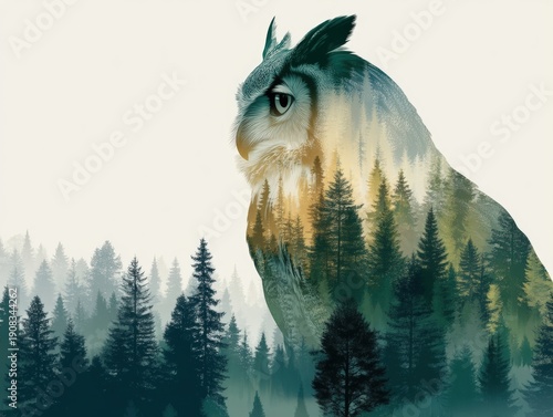 Double exposure of an owl and a mysterious forest
