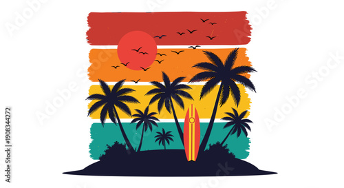 Retro Sunset Beach Scene with Palm Trees and Surfboard
