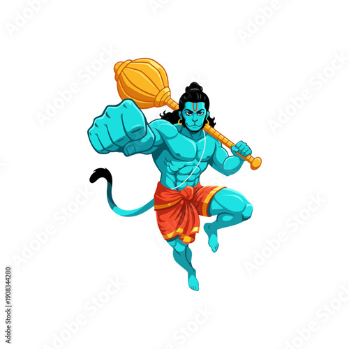 Dynamic Lord Hanuman Character Illustration with Golden Gada