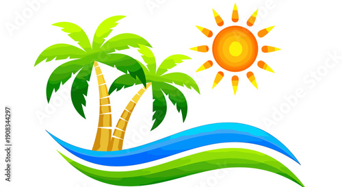 Tropical Island Scene with Palm Trees Ocean Waves and Bright Sun