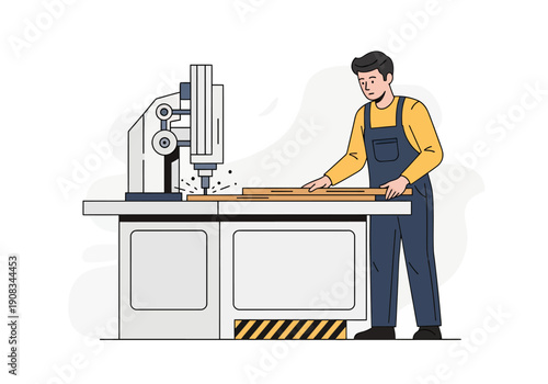 A carpenter is cutting wood using a machine, vector illustration design