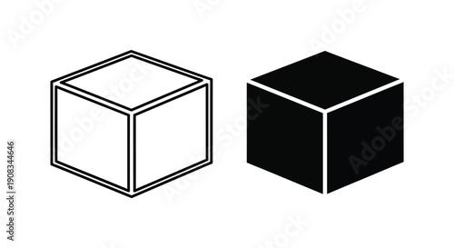 A minimalist depiction showcases two geometric cubes one outlined and transparent the other solid black high quality professional