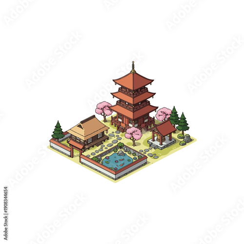 Isometric Japanese Temple Complex Illustration with Pagoda and Sakura Garden