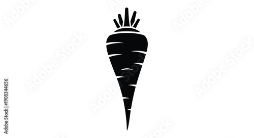 A minimalist black silhouette depicts a single elongated carrot with leafy greens at its top high quality professional