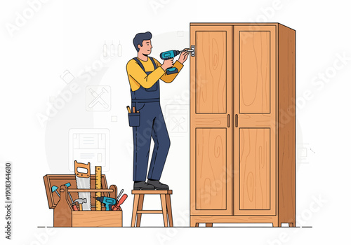 A male carpenter is making a wardrobe, vector illustration design