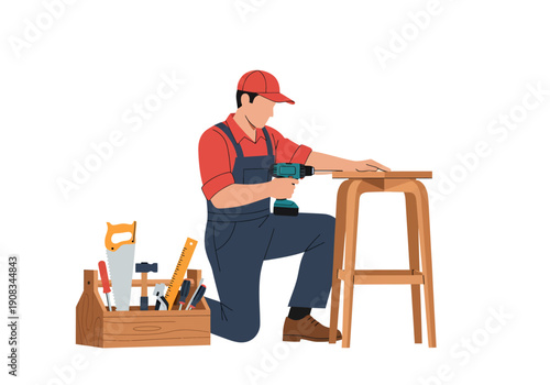A male carpenter is making a wooden chair, vector illustration design