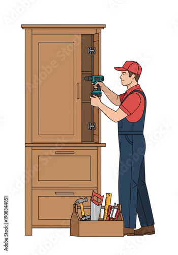A male carpenter is making a wardrobe, vector illustration design