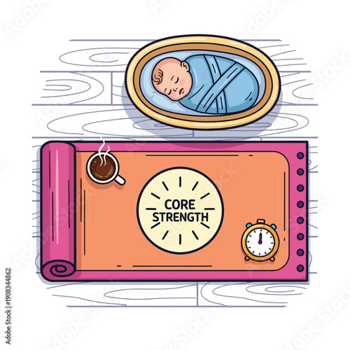 New Parent Fitness: Core Strength Workout Routine Illustration with Sleeping Baby, Yoga Mat, and Coffee.