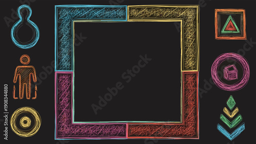 Colorful chalk or crayon style square frame with various icons including a person, target, and triangle on a dark black background.