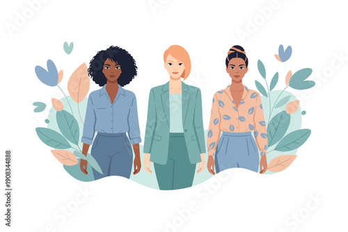 Three diverse women standing together amidst stylized floral elements, representing unity and empowerment.