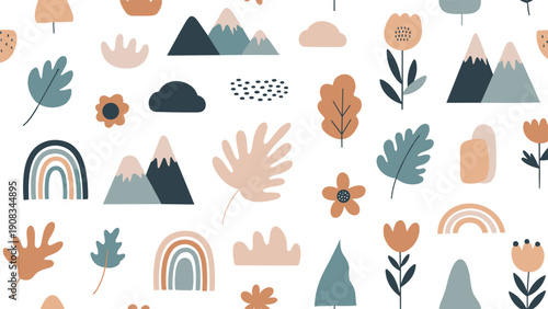 Charming scandinavian style pattern with mountains, rainbows, clouds, flowers, and leaves in earthy pastel terracotta colors.