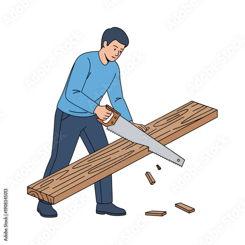 Vector illustration a carpenter are sawing a piece of wood
