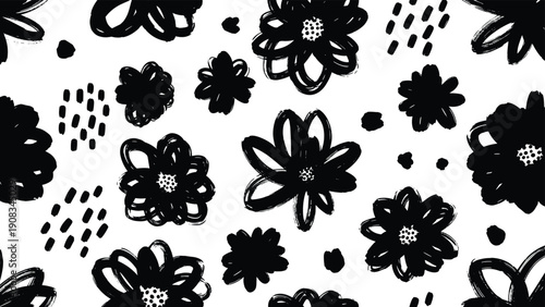 Bold and expressive black and white pattern of hand drawn scribbled flowers and dots on a white background for modern fabric prints.