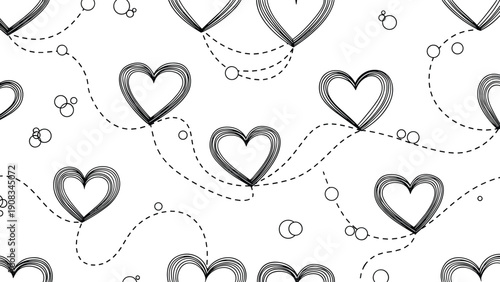 Creative seamless pattern of black scribbled hearts connected by dashed lines on a white background for a romantic networking theme.