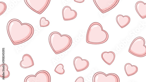 Sweet and cute seamless pattern of pink cartoon hearts with white highlights on a plain white background for valentine day themes.