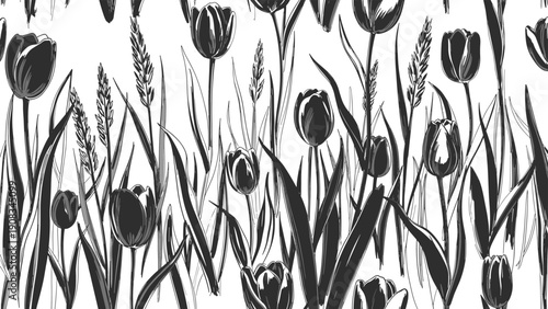 Artistic black and white pattern of tulips and tall grass in a high contrast hand drawn style on white background for home wallpaper.