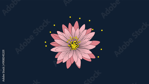 Beautifully stylized pink lotus flower with intricate petal details and yellow stamen accents set against a solid dark blue background.