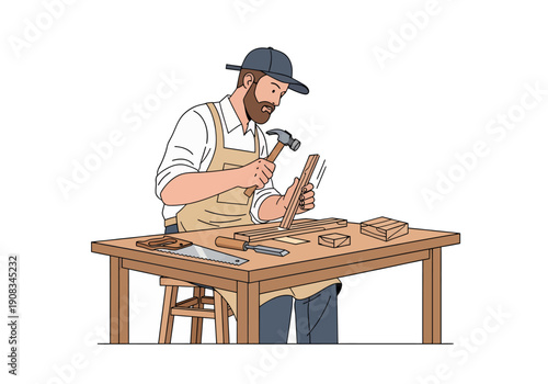 A carpenter is working on nailing wood, vector illustration design