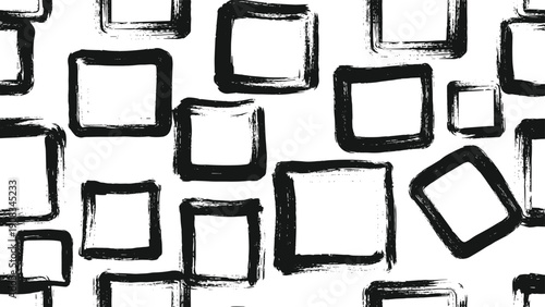 Abstract seamless pattern featuring black hand drawn brushstroke squares and rectangles in various sizes on a white background.