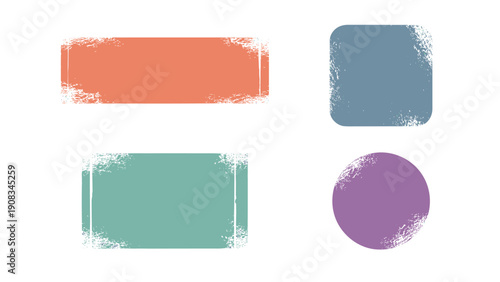 Set of four textured geometric shapes including rectangles, a square, and a circle in muted tones isolated on a white background.
