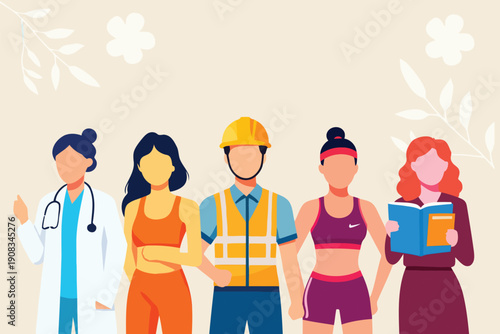 Diverse group of people representing various professions and lifestyles, including healthcare, construction, and sports.