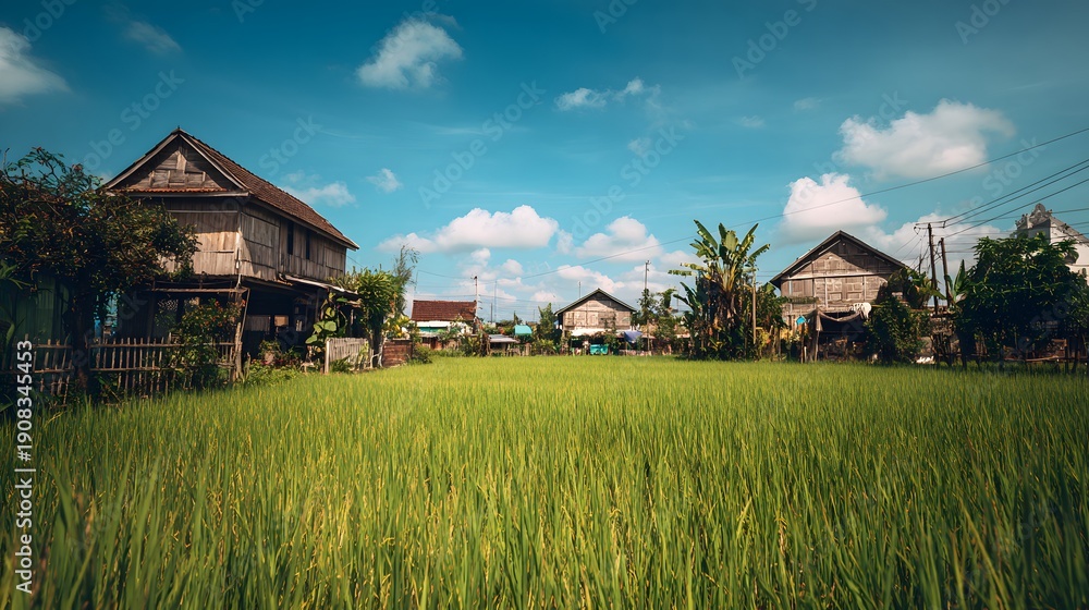 Obraz premium Lush Green Rice Paddy Field with Traditional Houses Under a Blue Sky.