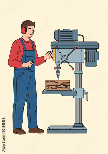 A carpenter is drilling holes in wood with a machine, vector illustration design