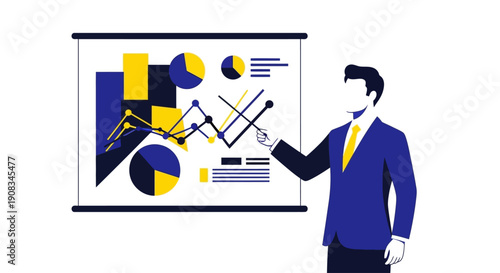 Business Man Presenting Financial Data Analytics and Growth Strategy on Whiteboard