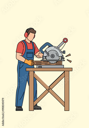 Vector illustration a male carpenter is cutting wood using a machine
