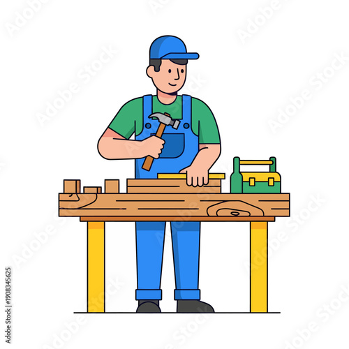 A carpenter is working on nailing wood, vector illustration design