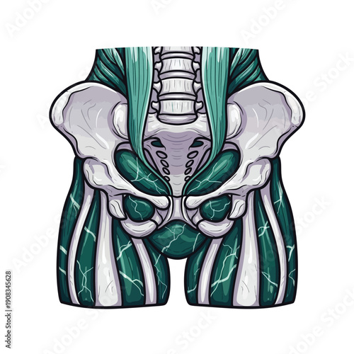 Dynamic Vector Illustration of Human Pelvis Anatomy, Hip Bones, Lumbar Spine, and Muscular System Diagram in Stylized Art