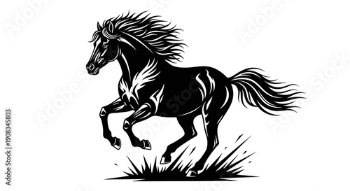 Silhouette Black Horse Galloping Across a White Background with Motion Lines