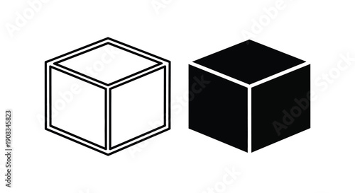 A minimalist depiction showcases two isometric cubes one outlined in black and the other filled black high quality