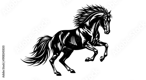 Powerful Stallion Rearing Up Black Ink Illustration on White Background