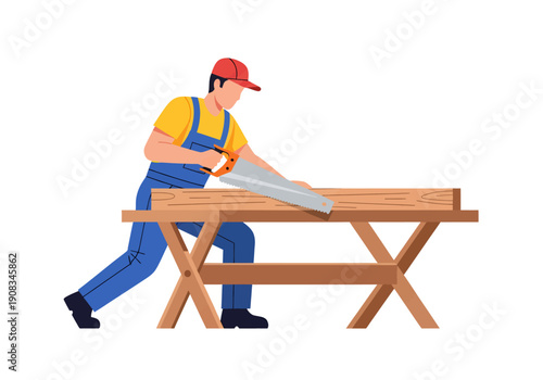Vector illustration a carpenter are sawing a piece of wood