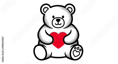 Chubby Teddy Bear with Red Heart Illustration White Background