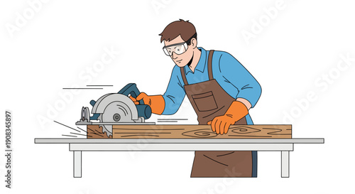 Vector illustration a male carpenter is cutting wood using a machine