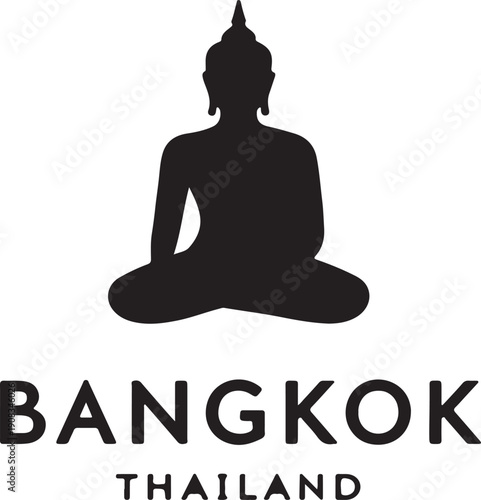 Silhouette of a meditating buddha statue with the text bangkok thailand