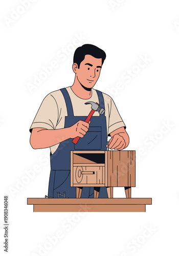 A male carpenter is crafting a box, vector illustration design