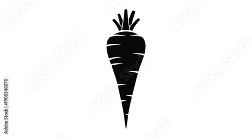 A stark black and white silhouette depicts a single elongated carrot with detailed leafy greens high quality professional modern elegant