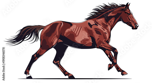Pixelated Brown Horse Galloping with Windswept Mane on White Background