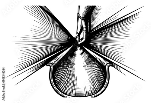 Close up cross section of an industrial pipe or gutter fitting in vintage woodcut style