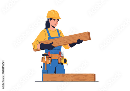 A female carpenter is working at his desk, vector illustration design