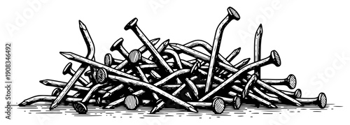 Pile of assorted metal nails in hand drawn vintage woodcut engraving style